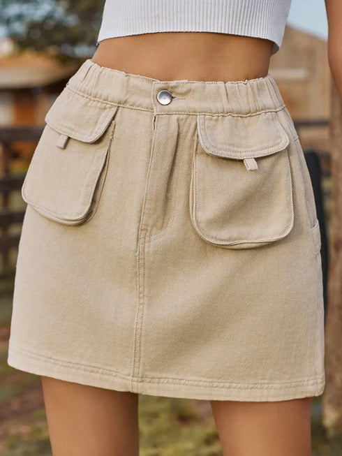 'Mariah' Elastic Waist Denim Skirt With Pockets - Celes Fashion